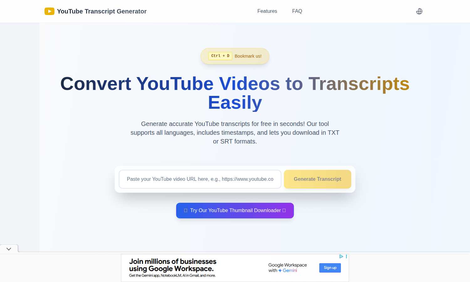 YouTube Transcript Generator application interface and features