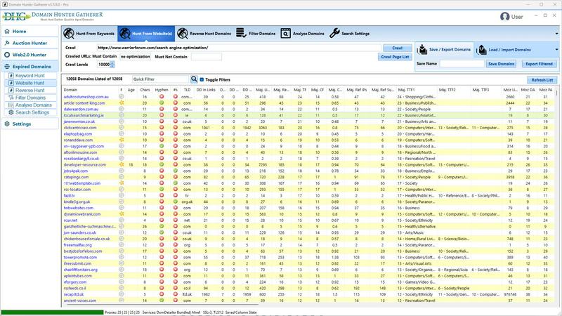 Domain Hunter Gatherer application interface and features