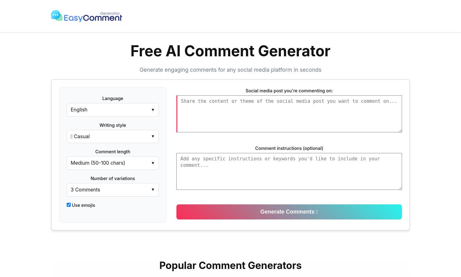 Free AI Comment Generator Website