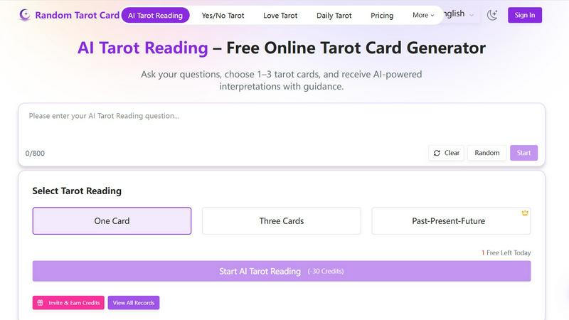 Random Tarot Card application interface and features